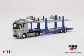 Mercedes Benz  - Actros with Car Trailer 2019 silver/blue - 1:64 - Mini GT - mgt00111 - MGT00111RHD | Toms Modelautos